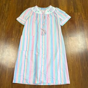 Vintage Coffee Time Pastel Striped House Dress Floral Embroidered Robe Small